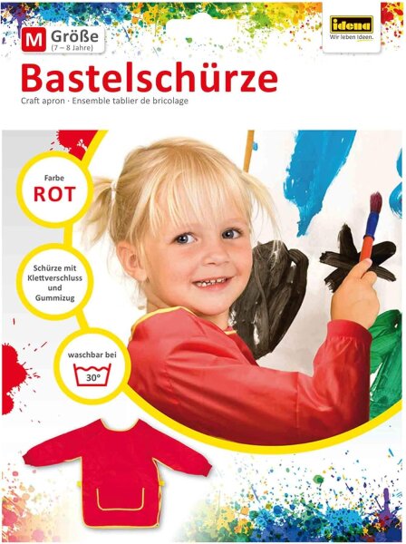 Idena 611186 - Bastelschürze für Kinder von 7 bis 8 Jahren mit langen Ärmeln und Klettverschluss, in Rot, ideal zum Malen, Basteln, Kochen und Matschen