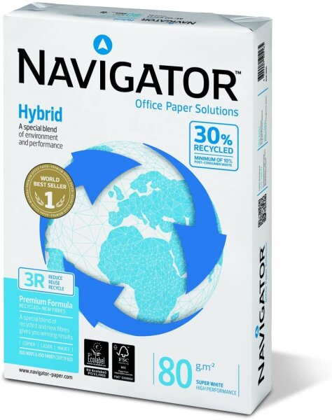 Navigator Hybrid Multifunktionspapier 500 Blatt (1 Packungen à 500 Blatt, 80 g/m², A3) 30% recycelt, weiß