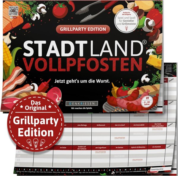 DENKRIESEN - Stadt Land VOLLPFOSTEN® - Grillparty Edition - Jetzt gehts um die Wurst. | Spielblock | Geburtstagsgeschenk | Familienspiel | Stadt Land Fluss