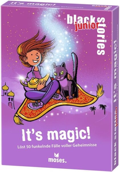 moses 90099 Black Stories Junior It’s magic-50 Funkelnde Fälle voller Geheimnisse und Magie, Das Rätsel Kartenspiel Zwei Spielvarianten, Rätselspiel für Kinder ab 8 Jahren, White