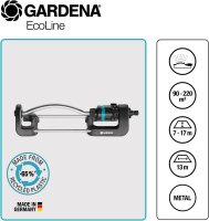 Gardena EcoLine Viereckregner: Rasensprenger zur Bewässerung von Flächen von 90 bis 220 m², Reichweite 7 bis 17 m, Sprengbreite bis 13 m, hergestellt aus recyceltem Material (18920-20)