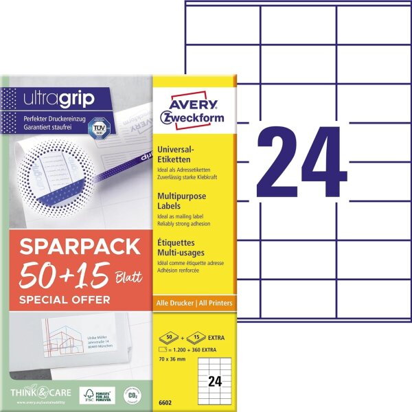 AVERY Zweckform 6602 Adressaufkleber (1.200 plus 360 Klebeetiketten extra, 70x36mm auf A4, Papier matt, bedruckbare Absenderetiketten, selbstklebende Adressetiketten mit ultragrip) 65 Blatt, weiß