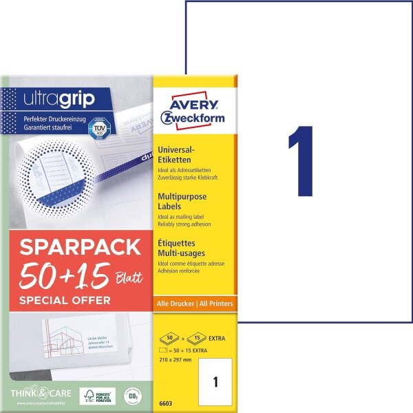 AVERY Zweckform 6603 Universal Etiketten (50 plus 15 Klebeetiketten extra, 210x297mm auf A4, Papier matt, bedruckbare Versandetiketten, selbstklebende Versandaufkleber mit ultragrip) 65 Blatt, weiß