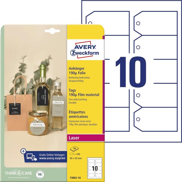 AVERY Zweckform T3002-10 stabile Anhänger 100 Stück inkl. Schnüre (90x50mm auf A4, beidseitig bedruckbare Produktanhänger, reißfeste, strapazierfähige Geschenkanhänger, Preisanhänger) Folie, weiß