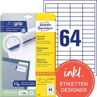 AVERY Zweckform 4785 Universal Etiketten (1.600 plus 320 Klebeetiketten extra, 48,5x16,9mm auf A4, Papier matt, individuell bedruckbar, selbstklebende Aufkleber mit ultragrip) 30 Blatt, weiß