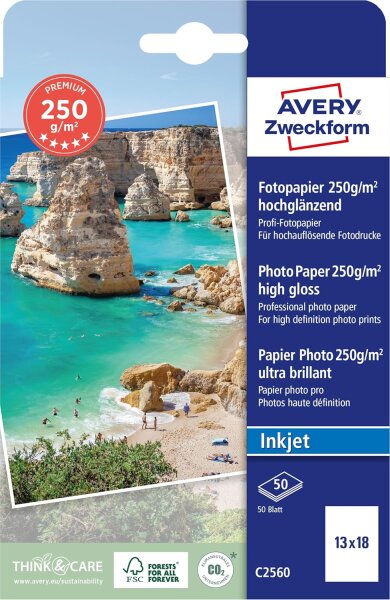 Avery Zweckform Art. C2560 Premium Inkjet Fotopapier (50 Blatt, 250 g/m², 13x18cm, hochglänzende Fotokarten, einseitig beschichtet, sofort trocken & wischfest, Fotoblätter für Inkjet-Drucker) weiß