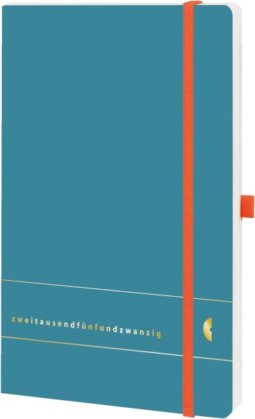 Chronoplan 50455 Buchkalender Kalendarium 2025 (Terminplaner A5 (135x210mm) mit Softcover, Wochenplaner, 1 Woche auf 2 Seiten, mit Stiftschlaufe, Einmerkband, Gummiverschluss) Elementary, Petrol