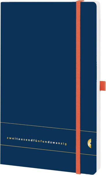 Chronoplan 50485 Buchkalender Kalendarium 2025 (Terminplaner A5 (135x210mm) mit Softcover, Wochenplaner, 1 Woche auf 2 Seiten, mit Stiftschlaufe, Einmerkband, Gummiverschluss) Elementary, Dunkelblau