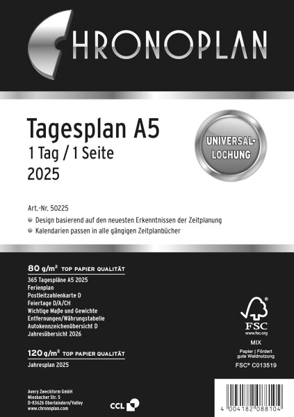 Chronoplan 50225 Kalendereinlage 2025 (Tagesplan A5 (148x210mm), Ersatzkalendarium für Terminplaner, Tagesplaner, ideal für detaillierte Tagesplanung, 1 Tag auf 1 Seite, mit Universallochung) weiß