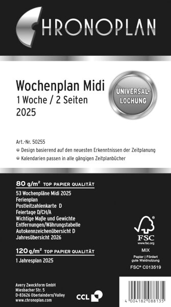 Chronoplan 50255 Kalendereinlage 2025 (Wochenplan Midi (96x172mm), Ersatzkalendarium für Terminplaner, ideal für detaillierte Wochenplanung, 1 Woche auf 2 Seiten in Zeilen, mit Universallochung) weiß