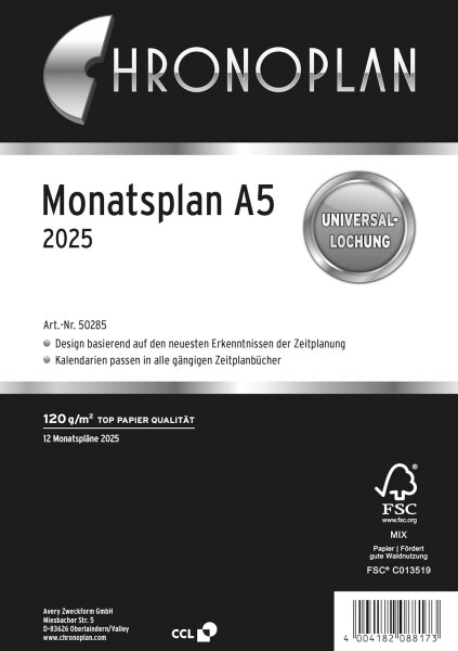 Chronoplan 50285 Kalendereinlage 2025 (Monatsplan A5 (148x210mm), Ersatzkalendarium für Terminplaner, Monatsplaner, für detaillierte Monatsplanung, 1 Monat auf 1 Seite, mit Universallochung) weiß