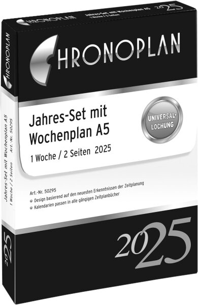 Chronoplan 50295 Kalendereinlage 2025 (Jahres-Set A5 (148x210mm), Ersatzkalendarium für Terminplaner, Wochenplaner, für detaillierte Wochenplanung, 1 Woche auf 2 Seiten, mit Universallochung) weiß