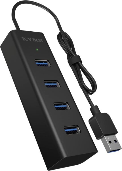 Icy Box IB-HUB1409-U3 4-fach USB-Hub (Type-A Verbindung) mit 4x USB 3.0 (Type-A) Anschlüssen, integriertes Kabel (40 cm), Aluminium, Schwarz