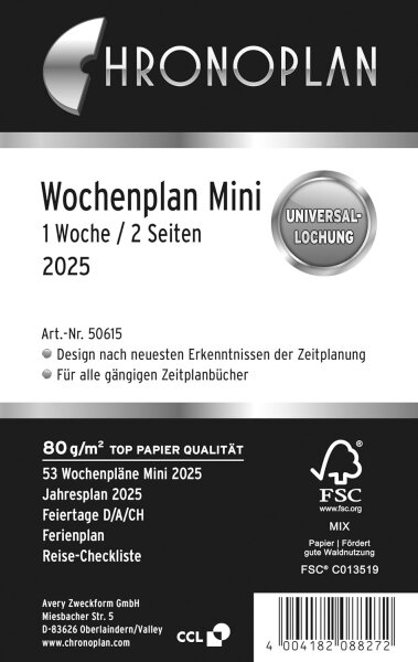 Chronoplan 50615 Kalendereinlage 2025 (Wochenplan Mini (79x125mm) Ersatzkalendarium für Terminplaner, ideal für detaillierte Wochenplanung, 1 Woche auf 2 Seiten in Zeilen, mit Universallochung) weiß