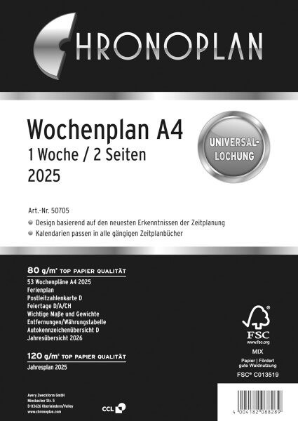 Chronoplan 50705 Kalendereinlage 2025 (Wochenplan A4 (210x297mm) Ersatzkalendarium für Terminplaner, ideal für detaillierte Wochenplanung, 1 Woche auf 2 Seiten in Spalten, mit Universallochung) weiß