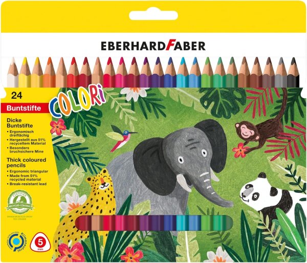 Eberhard Faber 511425 - Buntstifte Set Colori, 24 Jumbo Buntstifte in ergonomischer Dreikant Form