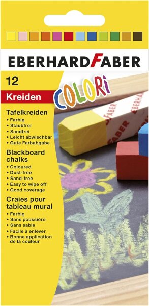 Eberhard Faber 526000 - Colori Wandtafelkreiden in 12 Farben, im Kartonetui, leicht abwischbar, staubfrei, für Schule und Freizeit