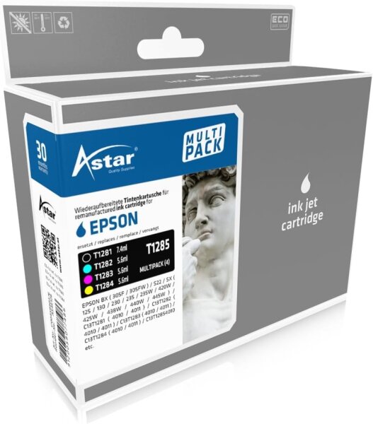 ASTAR AS46128 Tintenpatrone kompatibel zu EPSON BX305F ( T128(1/2/3/4) 1x7 ml (Schwarz), 3x6 ml (Cyan, Magenta, Gelb)