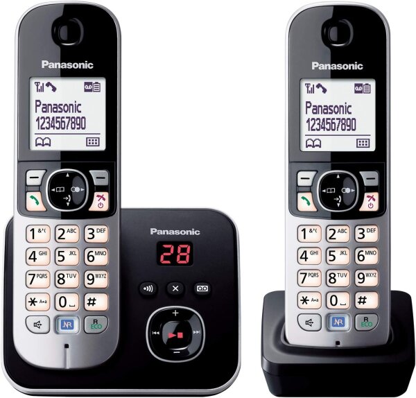 Panasonic KX-TG6822GB DECT Schnurlostelefon mit Anrufbeantworter (strahlungsarm, Eco-Modus, GAP Telefon, Festnetz, Anrufsperre, DUO) schwarz