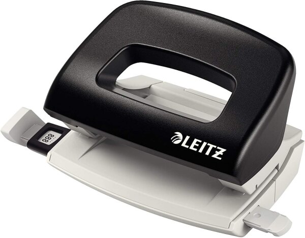 Leitz Mini Büro Locher aus Metall, kleiner Locher für 10 Blatt, Anschlagschiene mit Formatangaben, Ergonomisches Design, schwarz, 50580095