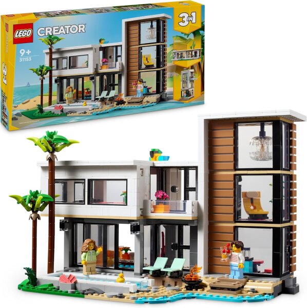 LEGO Creator Modernes Haus, 3-in-1-Set zum Umbauen in ein Stadthaus oder eine Waldhütte, Modellhaus, Geschenkidee für Jungen und Mädchen ab 9 Jahren, Lernspielzeug 31153