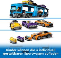 LEGO City Autotransporter mit Sportwagen, Set mit 4 Spielzeugautos für Jungen und Mädchen ab 7 Jahren, Weihnachts- oder Geburtstagsgeschenk, 4 Minifiguren für Rollenspiele 60408