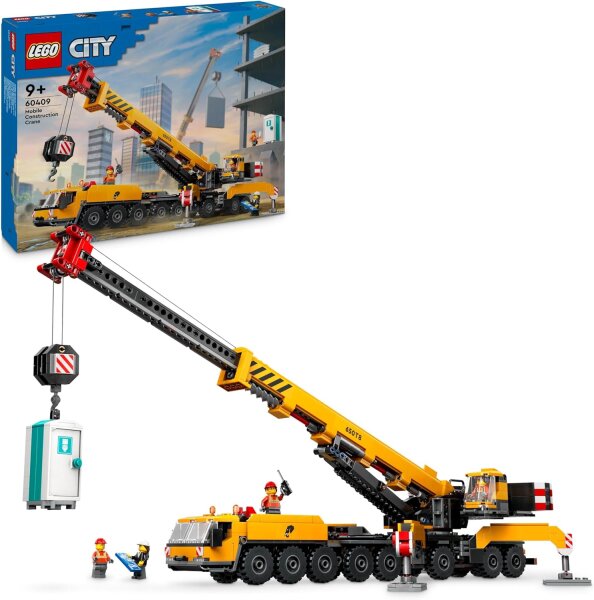 LEGO City Mobiler Baukran, Bauspielzeug für Jungen und Mädchen, Geschenk für kreative Kinder, ausfahrbarer langer Ausleger, 4 Bauarbeiter-Minifiguren für Rollenspiele 60409