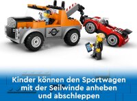 LEGO City Abschleppwagen mit Sportauto, Spielzeug-Auto für Jungen und Mädchen ab 4 Jahren, Geburtstagsgeschenk für Kinder, LKW-Spielzeug mit 2 Minifiguren und Zubehör wie einem Cochlea-Implantat 60435