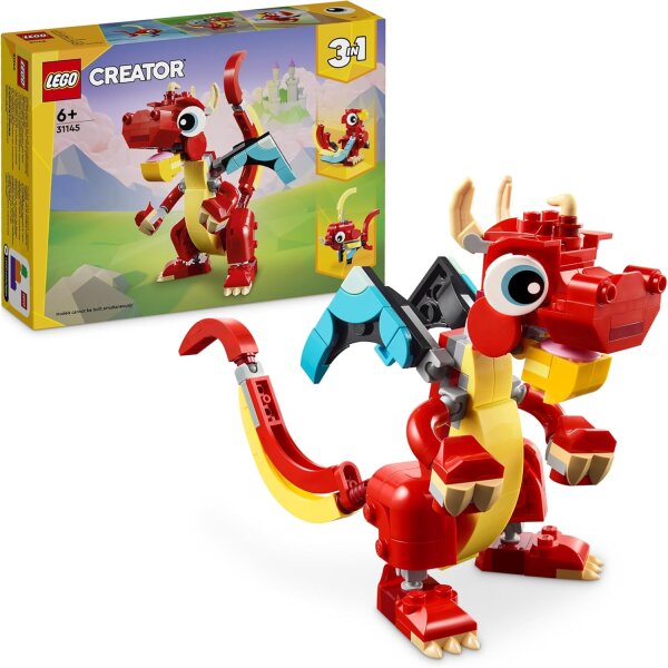 LEGO Creator 3in1 Roter Drache, Spielzeug mit 3 Tierfiguren inkl. Roter Drache, Fisch und Phönix, Tiere-Set für Kinder, Geschenk für Jungs und Mädchen ab 6 Jahren 31145