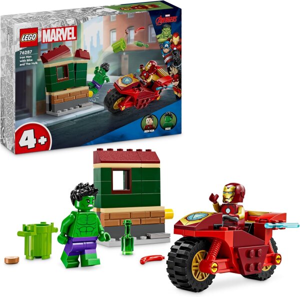 LEGO Marvel Iron Man mit Bike und der Hulk, Superhelden-Bauspielzeug für Kinder, Spielset zum Sammeln mit Bike und Minifiguren, Geschenk für Mädchen und Jungen ab 4 Jahren 76287