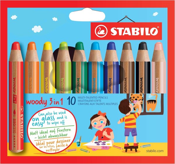 STABILO - woody 3 in 1 Buntstift, Wasserfarbe & Wachsmalkreide - 10er Pack mit Spitzer - mit 10 verschiedenen Farben