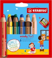 STABILO - woody 3 in 1 Buntstift, Wasserfarbe & Wachsmalkreide - 6er Pack mit Spitzer - mit 6 verschiedenen Farben