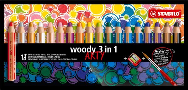 STABILO - woody 3 in 1 ARTY Buntstift, Wasserfarbe & Wachsmalkreide - 18er Pack mit Spitzer und Pinsel - mit 18 verschiedenen Farben