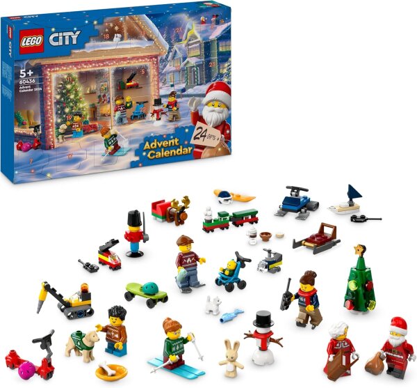 LEGO City Adventskalender 2024, Adventsgeschenk für Kinder ab 5 Jahren, 24 Überraschungen, Minifiguren in Weihnachtspullis, Weihnachtsmann und Frau Weihnachtsmann 60436