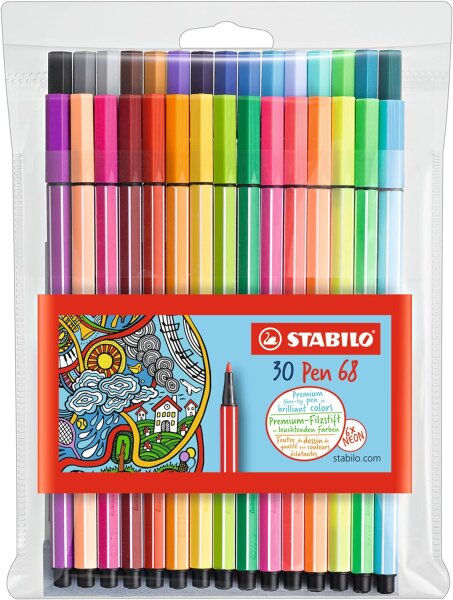 Premium-Filzstift - STABILO Pen 68 - 30er Pack - mit verschiedenen Farben inkl. 6 Neonfarben