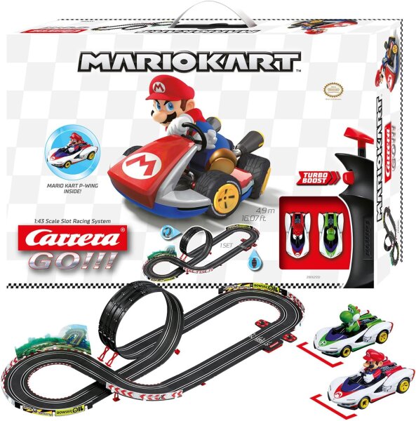 Carrera Go!!! Mario Kart™ - P-Wing Set Rennbahn mit Mario und Yoshi | 2 Slotcars inkl. 2 Handregler mit Turbo-Knopf | Actionreiche 4,9 m Strecke inkl. Looping, Rundenzähler und Mario Kart™