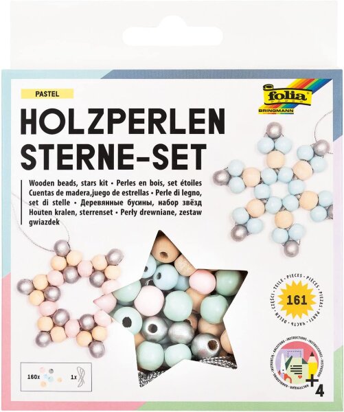 folia 22522 - Holz-Perlen Sterne Set "Pastel", Bastelset mit 160 Holzkugeln und einer silbernen Schnur zum Auffädeln, zum Basteln von Sternen und Anhängern