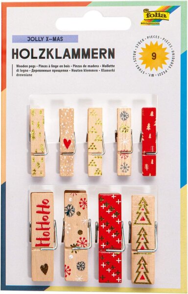 folia 22954 - Holzklammern mit Jolly X - Mas Motiv, 9 Klammern in 2 verschiedenen Größen, ideal zum Befestigen von Notizen, Bildern oder zum Gestalten von kreativen Bastelarbeiten, ab 8 Jahren