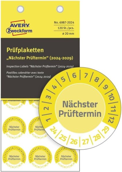 AVERY Zweckform 120 Prüfplaketten Nächster Prüftermin 2024-2029 (widerstandsfähig, selbstklebend, Ø 20 mm, Prüfaufkleber, beschriftbare Prüfsiegel aus Vinyl-Klebefolie) Art. 6987-2024, gelb