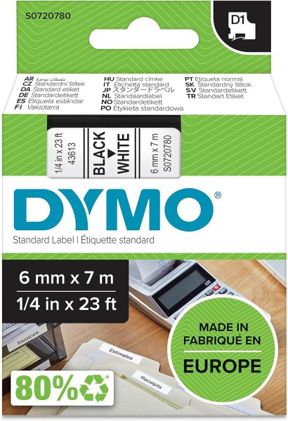 DYMO Original D1-Etikettenband | schwarz auf weiß | 6 mm x 7 m | selbstklebendes Schriftband | für LabelManager-Beschriftungsgerät