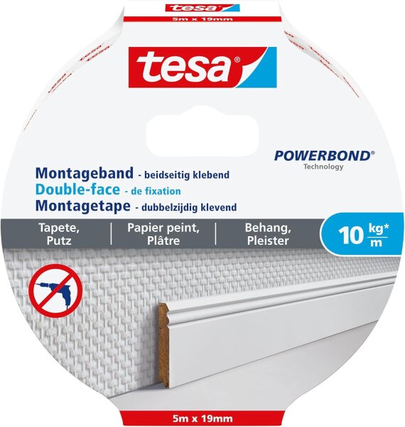 tesa Montageband Tapete & Putz, 10 kg Haltekraft pro Meter - starkes, doppelseitiges Montageklebeband zur Befestigung auf Gips und Tapeten - 5 m x 19 mm