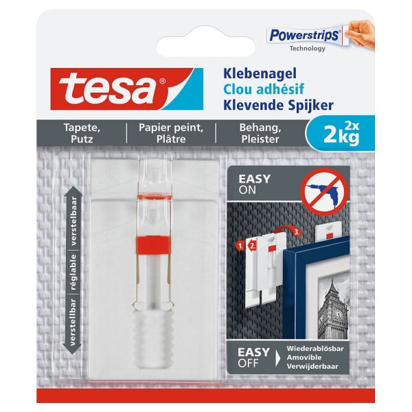 tesa Klebenagel verstellbar, Tapete & Putz, 2 x 2 kg